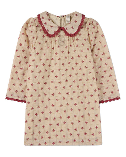 Girls Embroidered-Bow 100% Cotton Pointelle Lace-Trim Mini-Print Dress
