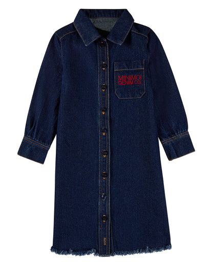 Girls 100% Cotton Denim Shirt-Collared Button-Down Knee-Length Dress