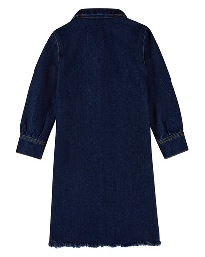 Girls 100% Cotton Denim Shirt-Collared Button-Down Knee-Length Dress
