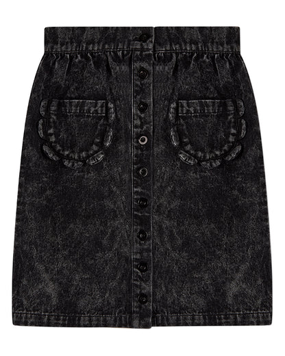 Girls 100% Cotton Denim Button-Front Long Skirt with Scalloped Pockets