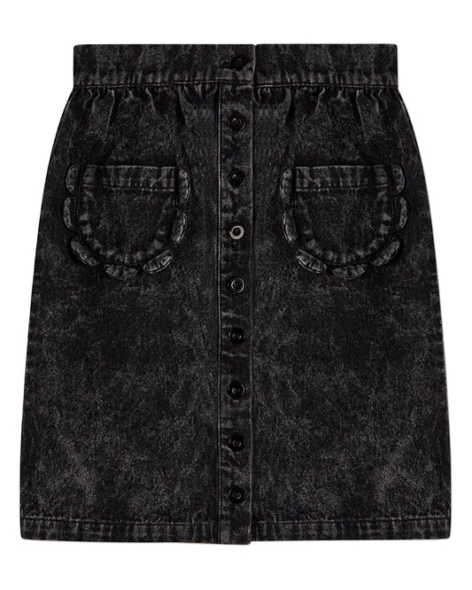 Girls 100% Cotton Denim Button-Front Long Skirt with Scalloped Pockets