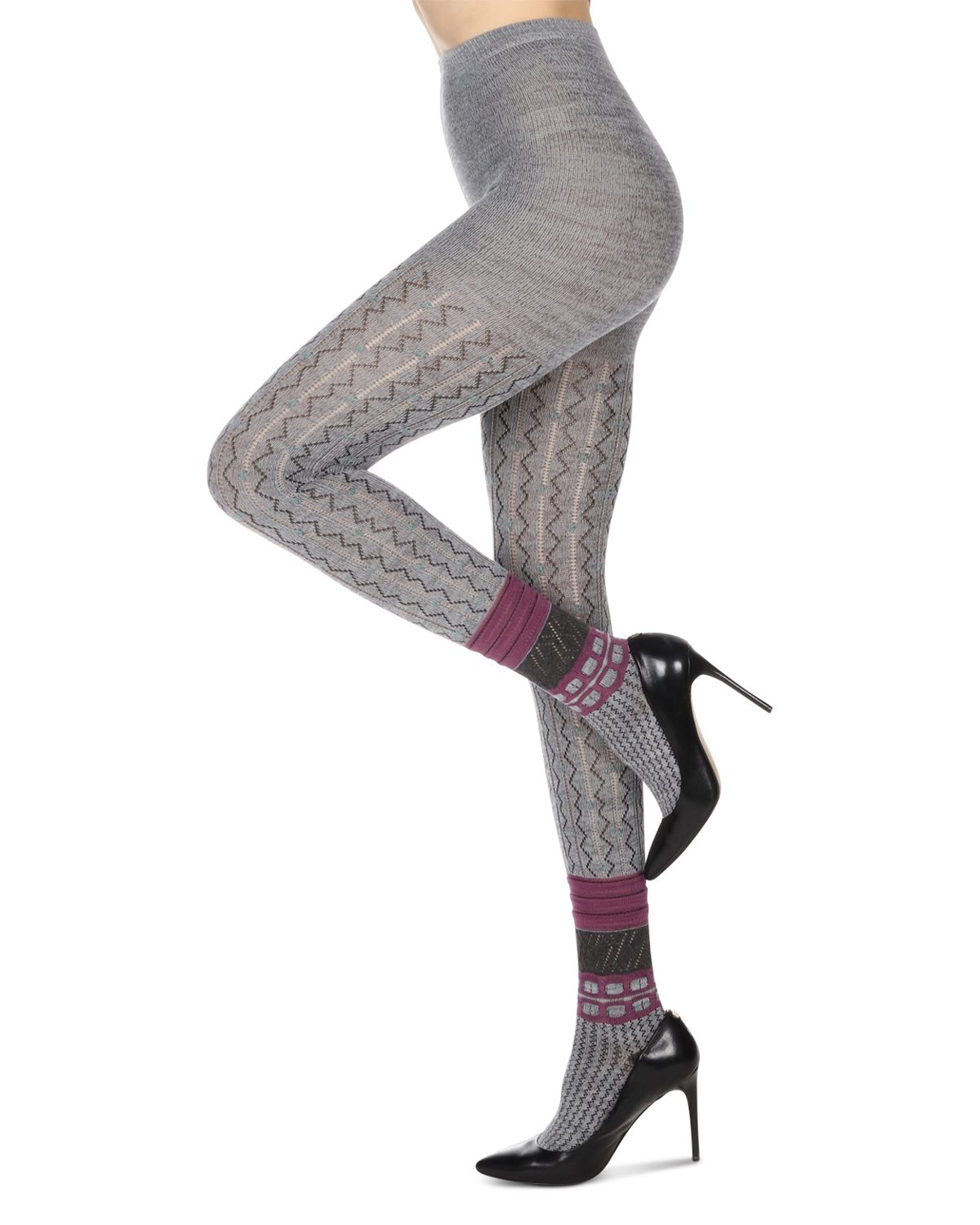 Women's Designernate Cotton Blend Multi-Pattern Sweater Tights : Color: Gray