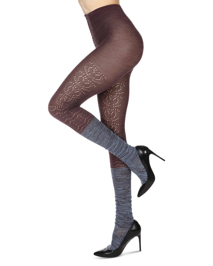 Women's Scallop Mix Two Tone Cotton Blend Sweater Tights : Color: Blue