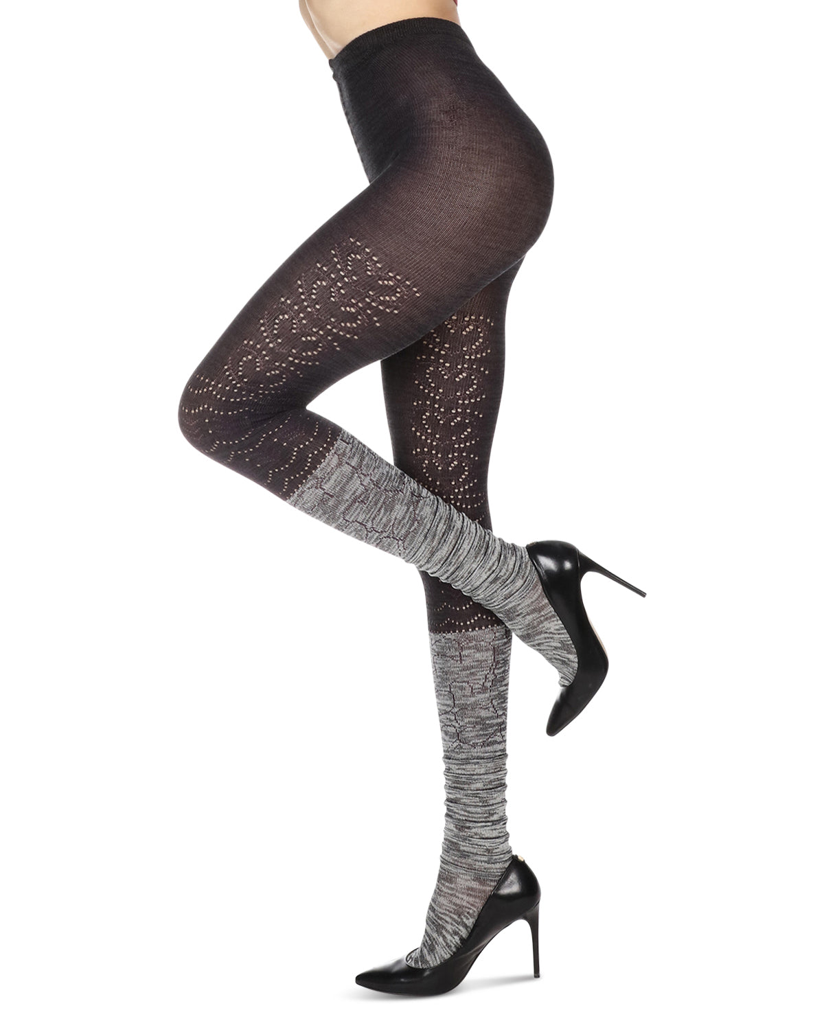 Women's Scallop Mix Two Tone Cotton Blend Sweater Tights : Color: Gray
