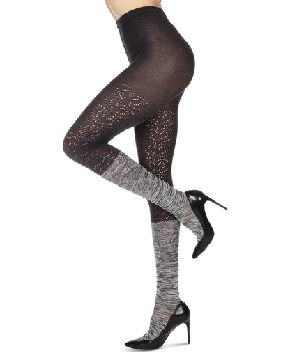Women's Scallop Mix Two Tone Cotton Blend Sweater Tights : Color: Gray
