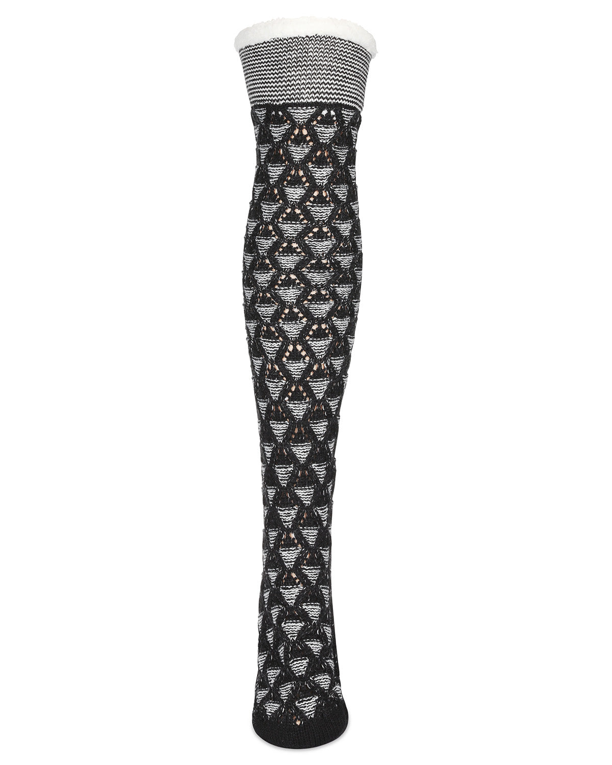 Women's Mini Diamond Sherpa Lined Knee Length Lounge Sock : Color: Black