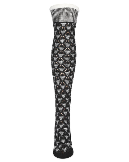 Women's Mini Diamond Sherpa Lined Knee Length Lounge Sock : Color: Black