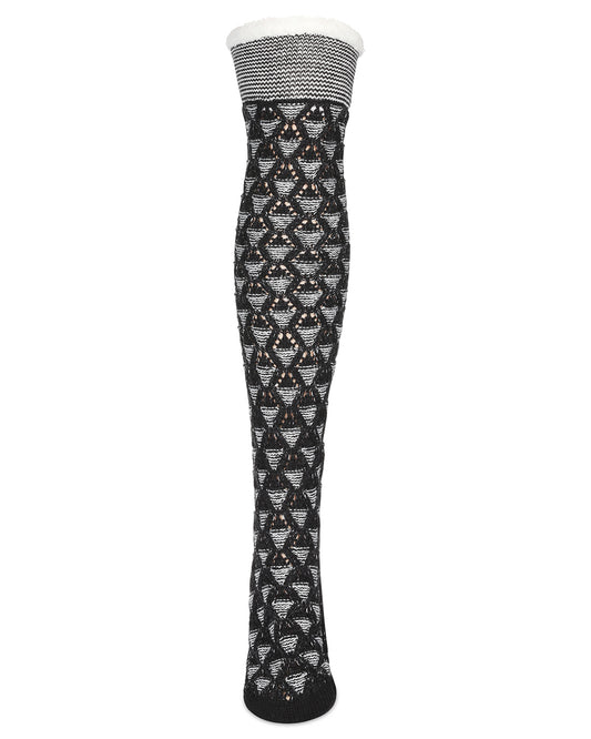 Women's Mini Diamond Sherpa Lined Knee Length Lounge Sock : Color: Black