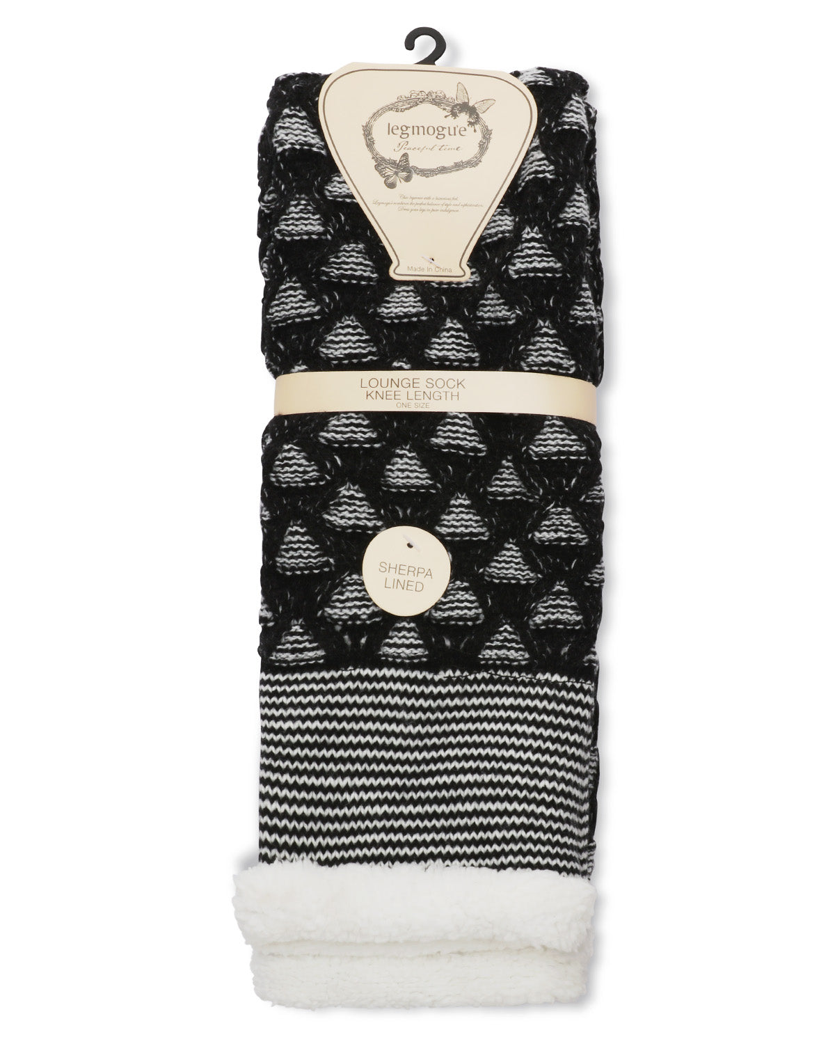 Women's Mini Diamond Sherpa Lined Knee Length Lounge Sock : Color: Black