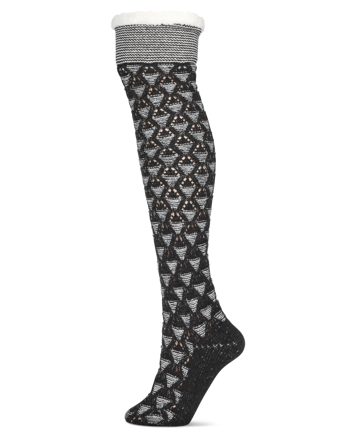 Women's Mini Diamond Sherpa Lined Knee Length Lounge Sock : Color: Black