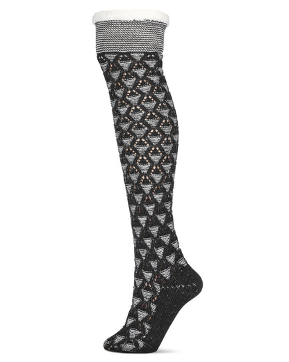 Women's Mini Diamond Sherpa Lined Knee Length Lounge Sock : Color: Black
