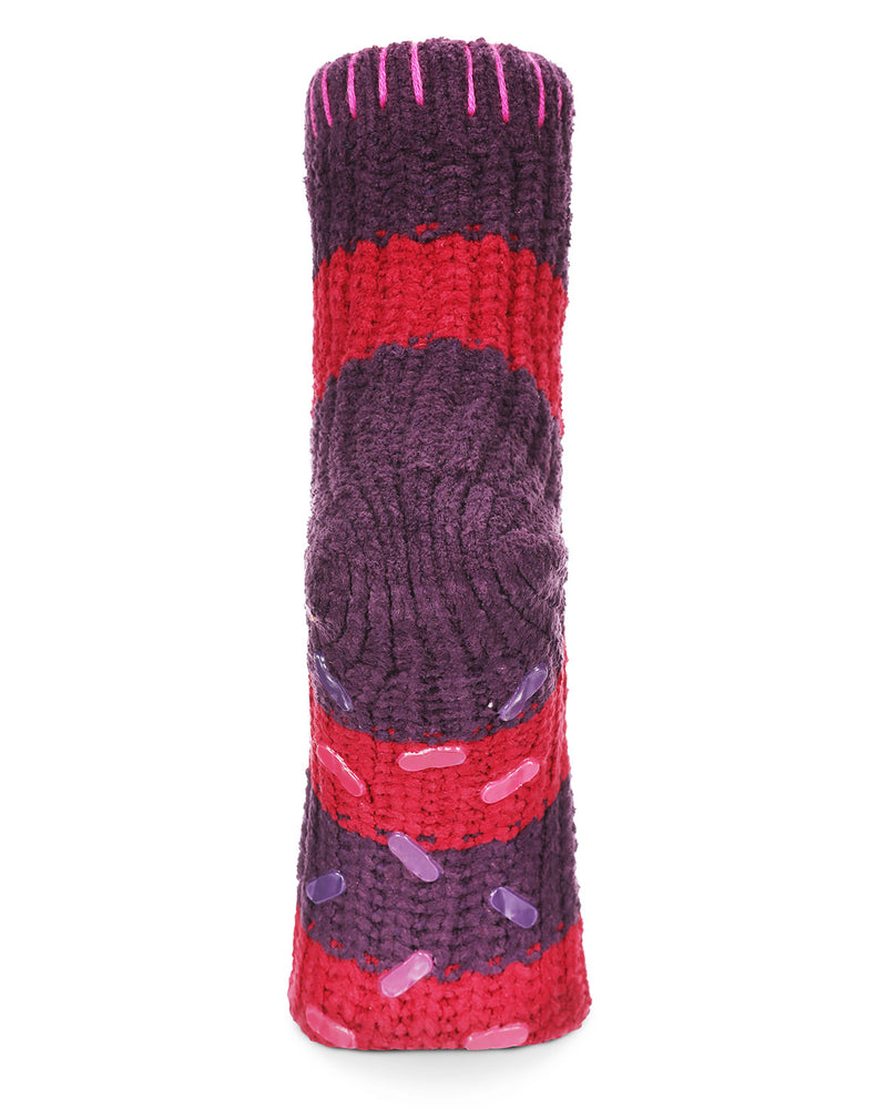 Women's Wide Stripe Chenille Non-Skid Slipper Crew Sock