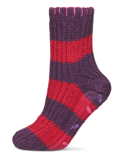 Women's Wide Stripe Chenille Non-Skid Slipper Crew Sock