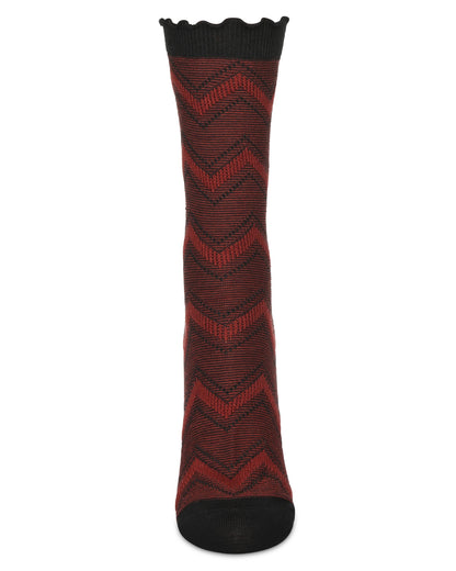 Women's Zig Zag Ruffle Top Cotton Blend Crew Sock : Color: Blackberry Cordial