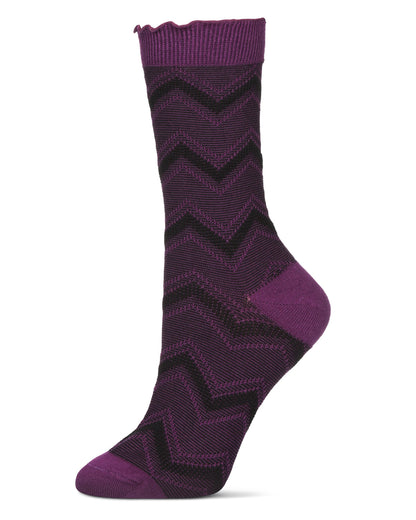 Women's Zig Zag Ruffle Top Cotton Blend Crew Sock : Color: Blackberry Cordial