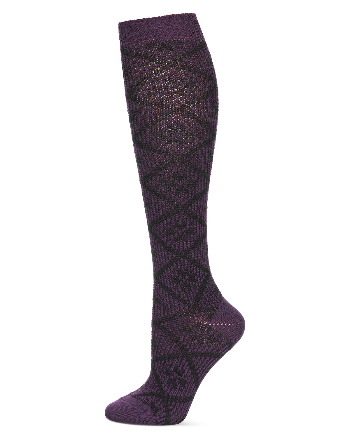 Women's Open Crochet Diamond Pattern Chunky Knee High Sock : Color: Purple Pennant