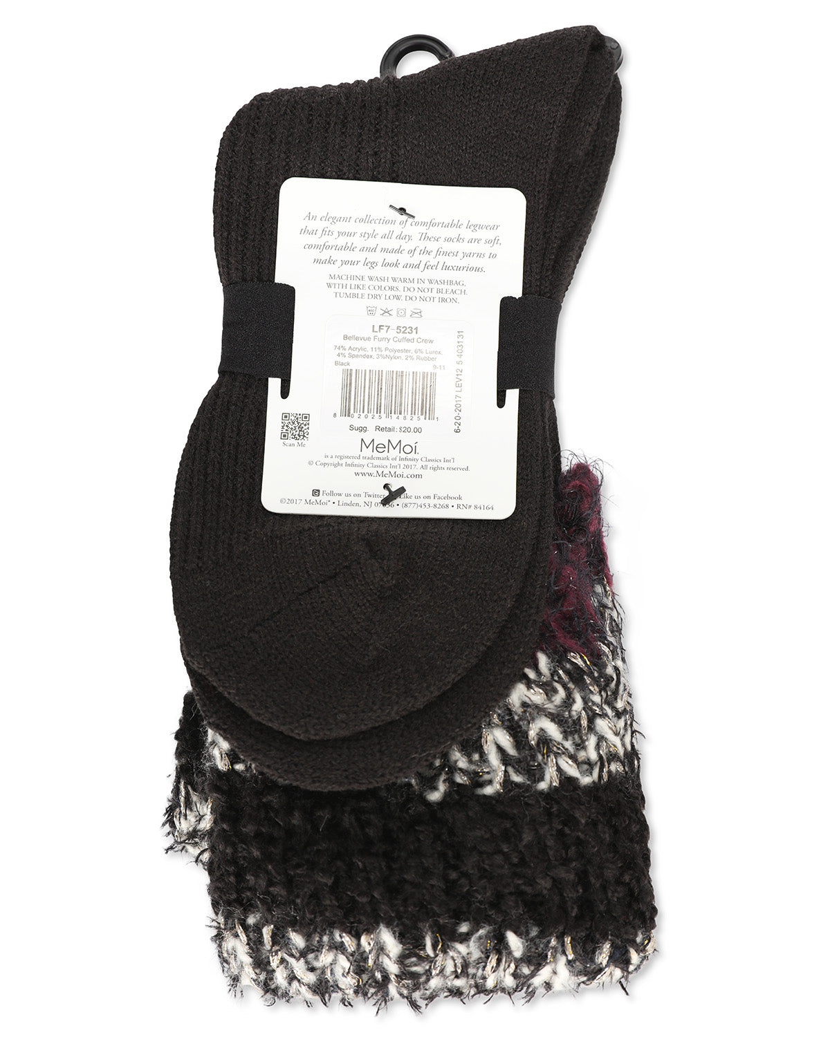 Women's Bellevue Furry Striped Cuff Ribbed Plush Crew Socks : Color: Black