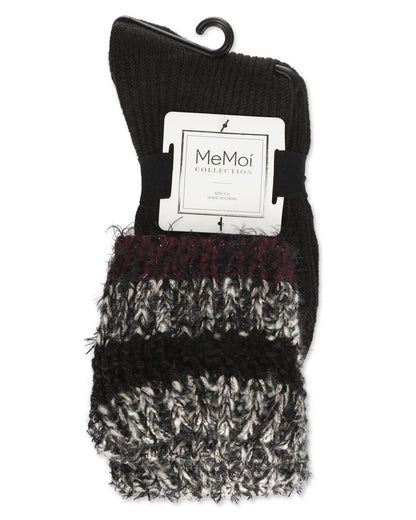 Women's Bellevue Furry Striped Cuff Ribbed Plush Crew Socks : Color: Black