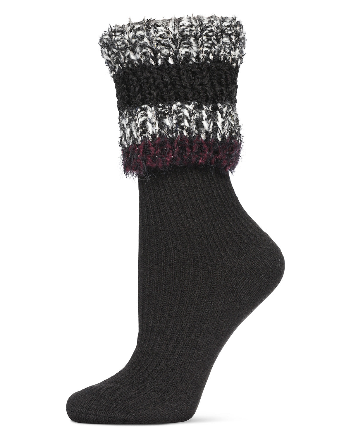 Women's Bellevue Furry Striped Cuff Ribbed Plush Crew Socks : Color: Black