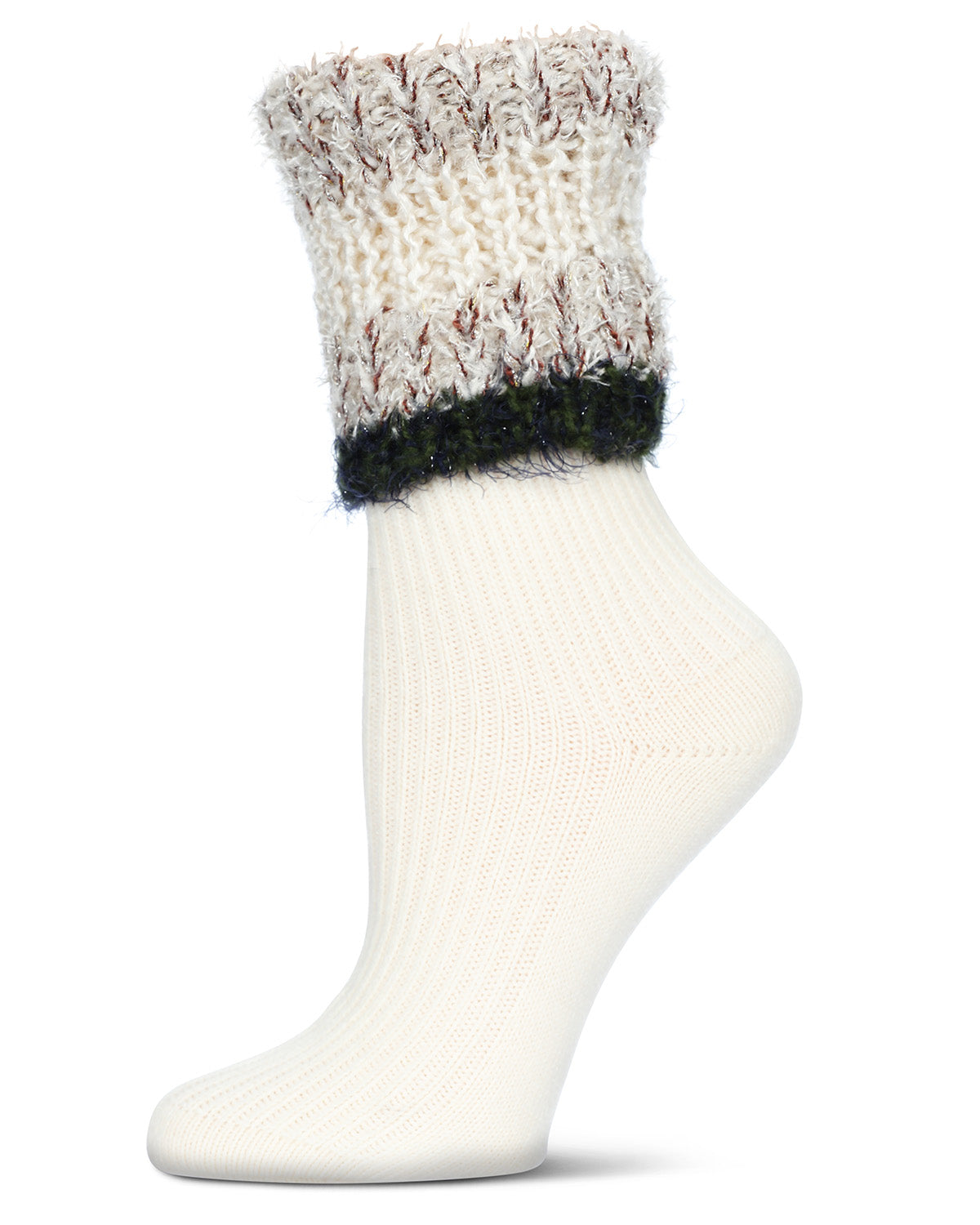 Women's Bellevue Furry Striped Cuff Ribbed Plush Crew Socks : Color: Vanilla