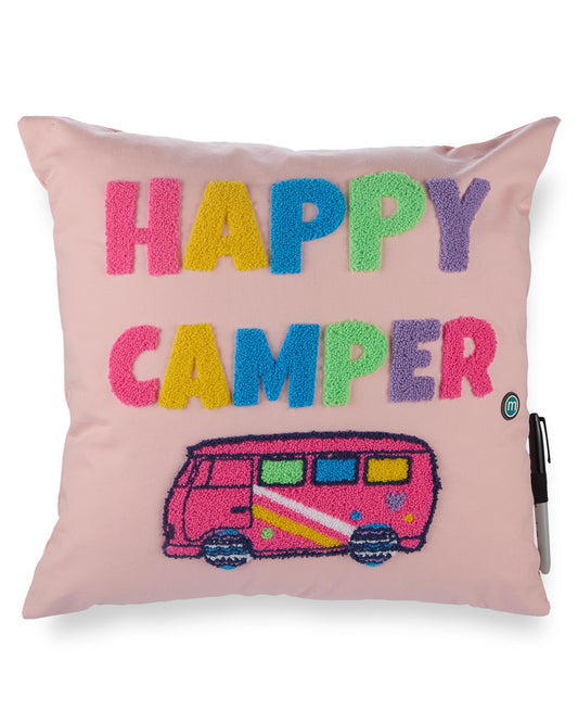 Girls Plush-Embroidered "Happy Camper" Autograph Pillow with Marker : Color: Peachy Pink