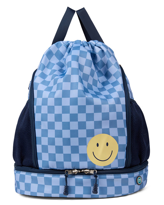 Boys Checkered Water-Resistant Camp Backpack with Smiley-Face Graphic
