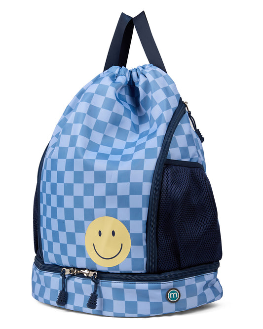 Boys Checkered Water-Resistant Camp Backpack with Smiley-Face Graphic