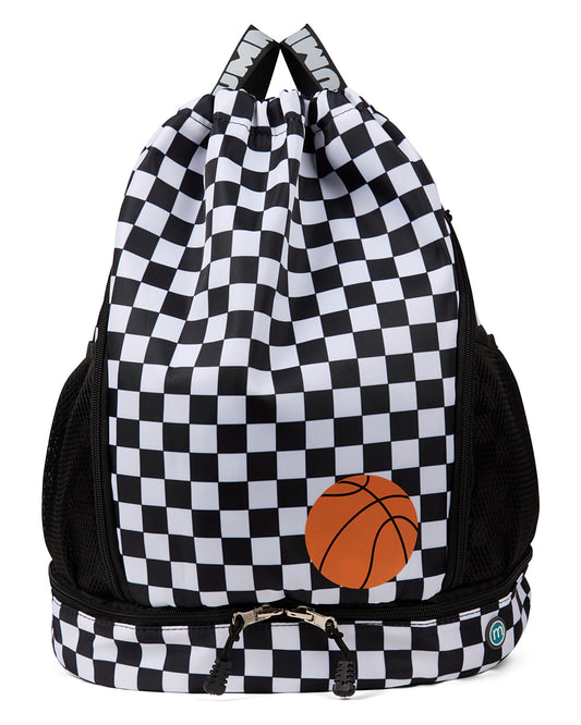 Boys Basketball-Themed Checkered Water-Resistant Camp Backpack