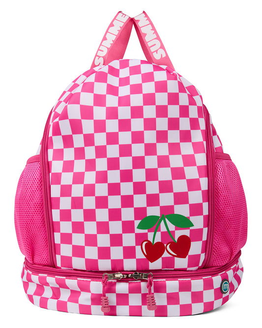 Girls Checkered Camp Backpack with Heart-Shaped Cherries Graphic