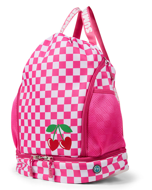 Girls Checkered Camp Backpack with Heart-Shaped Cherries Graphic