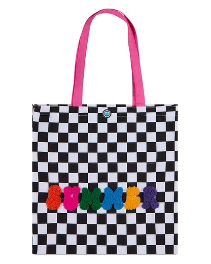 Girls "Summer" Checkered Canvas Tote Bag with Plush Chenille Graphic