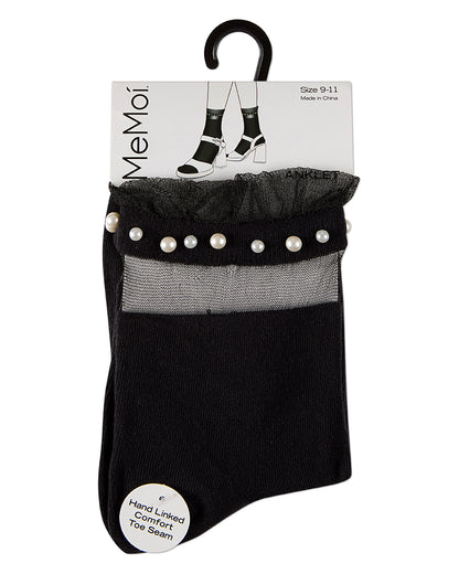 Women's Sheer Ruffle Cuff Faux Pearl Anklet Sock
