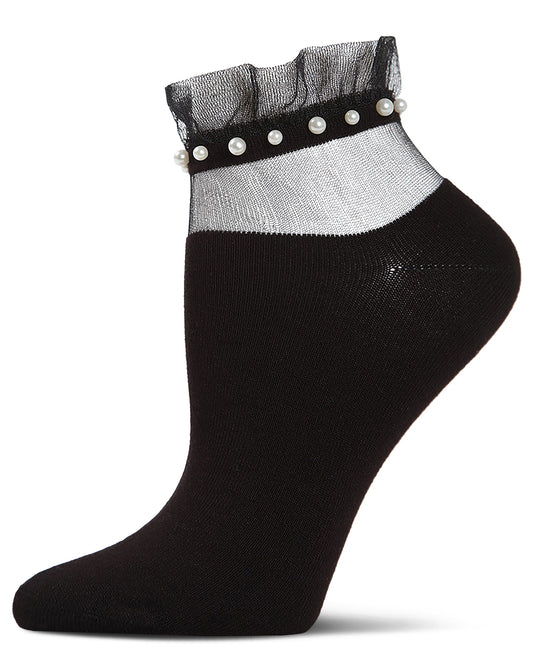 Women's Sheer Ruffle Cuff Faux Pearl Anklet Sock : Color: Black