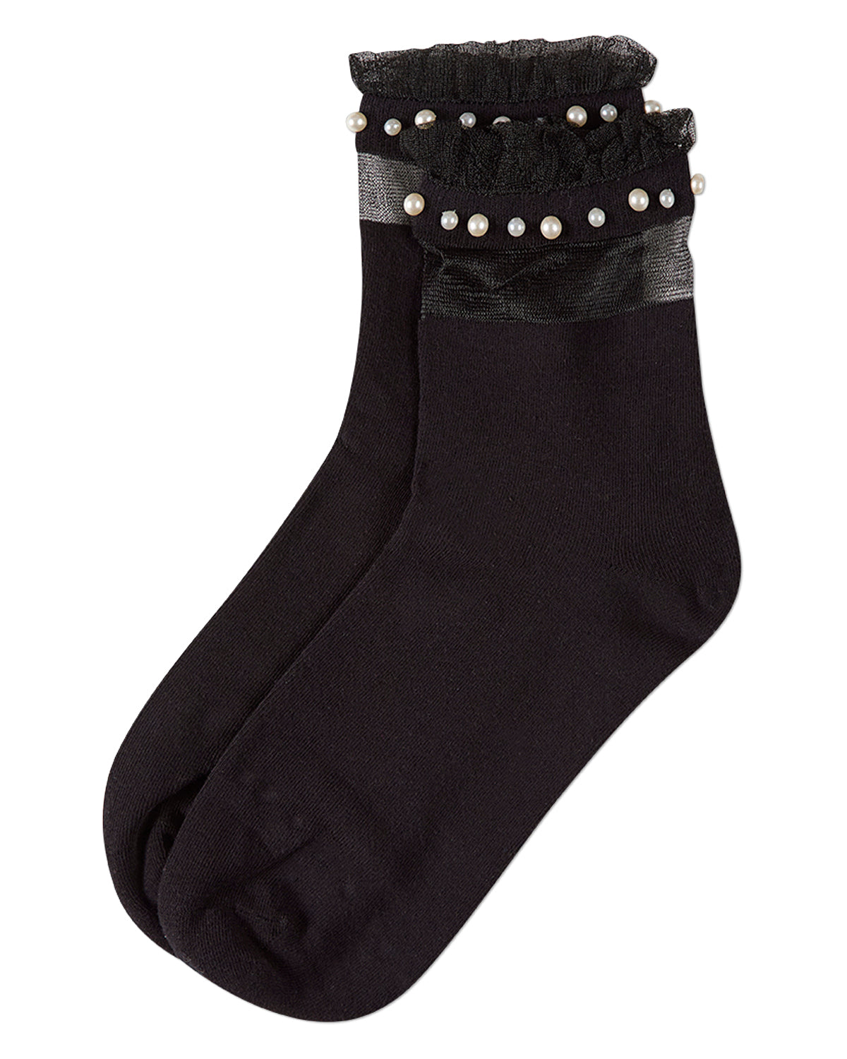 Black sock with pearl embellishments on a white background