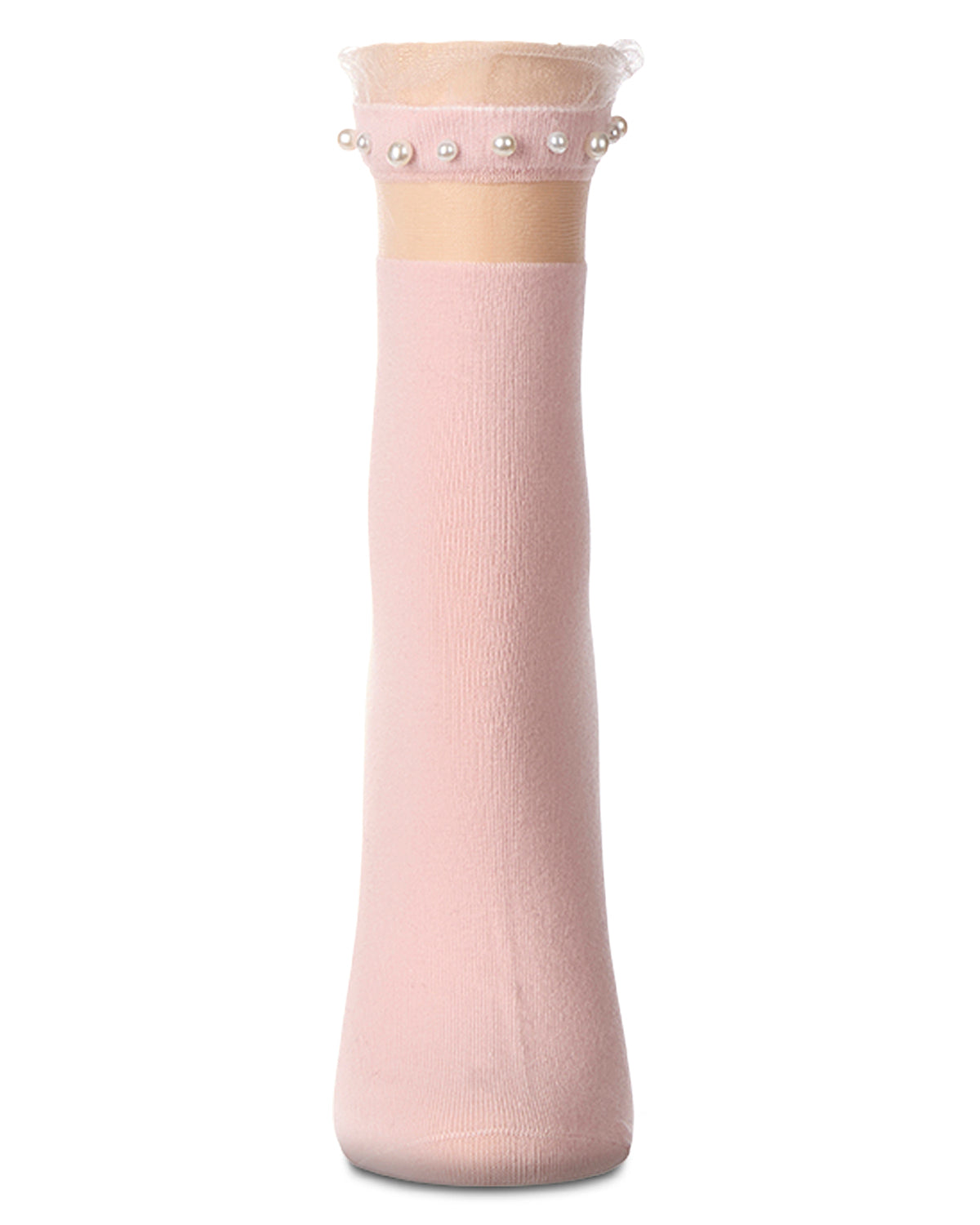 A single light pink ribbed sock displayed on a mannequin leg form against a plain white background. The top cuff is decorated with a sheer band adorned with small white pearls.