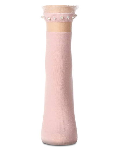 A single light pink ribbed sock displayed on a mannequin leg form against a plain white background. The top cuff is decorated with a sheer band adorned with small white pearls.
