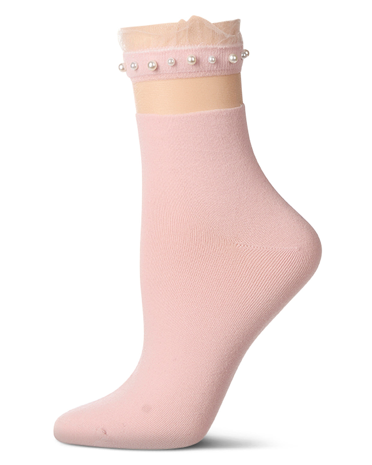 A single light pink ribbed ankle sock with a sheer lace cuff decorated with small white pearls, displayed on a mannequin foot against a white background.