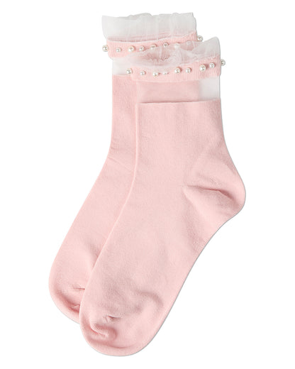 A pair of light pink crew socks with white ruffled trim and small pearl-like embellishments near the top, displayed against a solid white background.