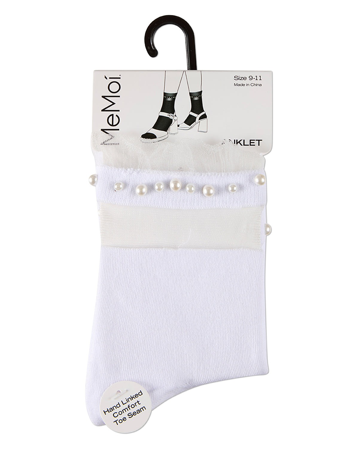White ankle sock with pearl details on a white background, featuring the Memoi brand.