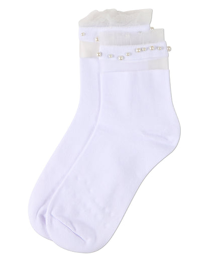 White socks with pearl embellishments on a white background