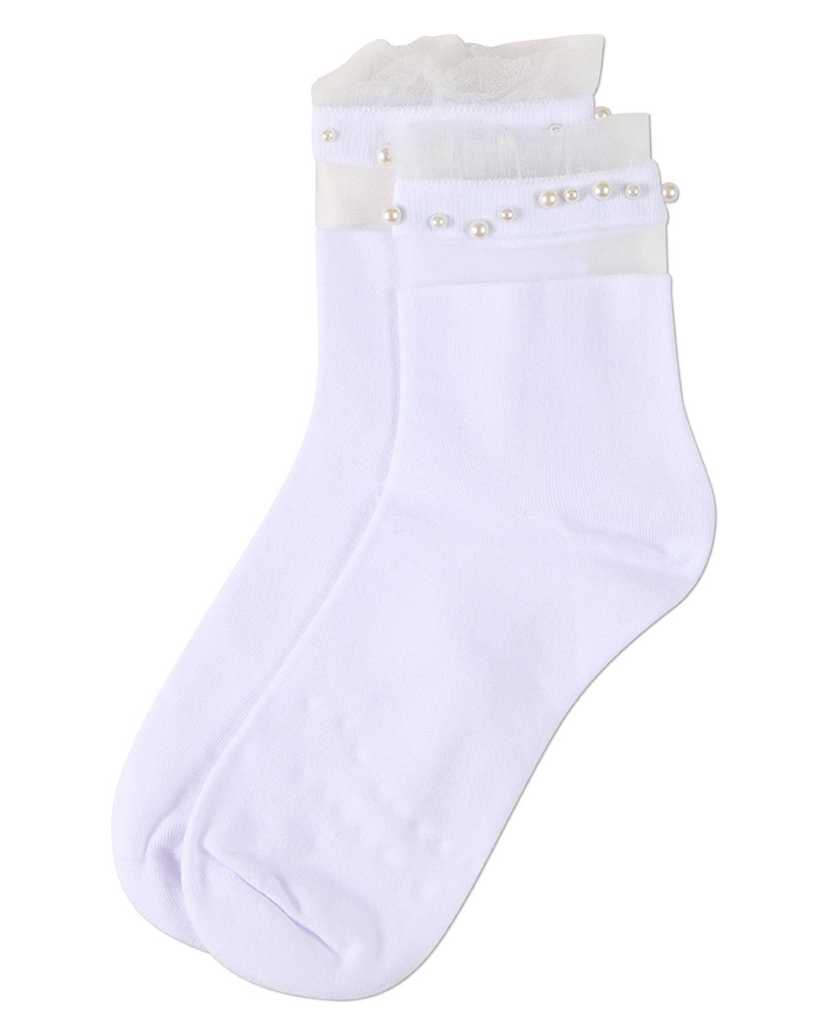White socks with pearl embellishments on a white background