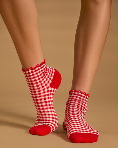 Women's Gingham Cotton Blend Ruffle Cuff Anklet Socks