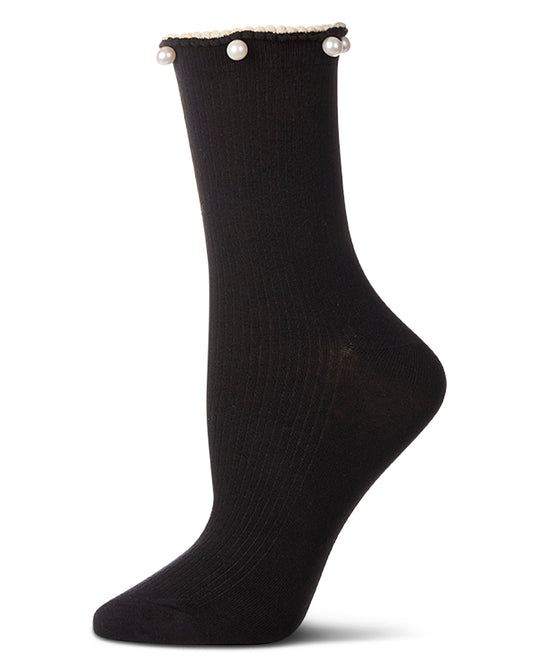 Women's Cotton Rich Faux Pearl Trimmed Lettuce Edge Ankle Sock : Color: Black