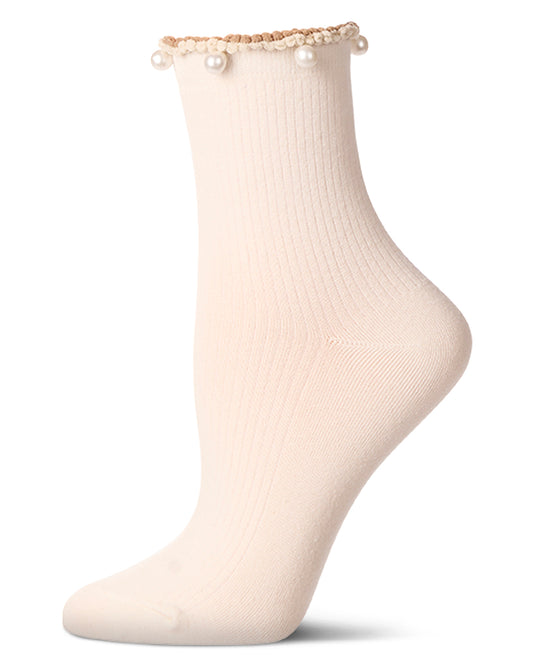 Women's Cotton Rich Faux Pearl Trimmed Lettuce Edge Ankle Sock : Color: Ivory