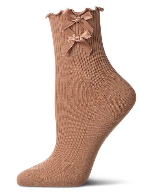 Women's Cotton Rich Lettuce Edge Bow-Trimmed Ankle Sock : Color: Mocha