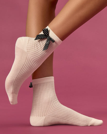 Women's Ribbed Cotton-Rich Ankle Sock with Pretty Polka Dot Bow