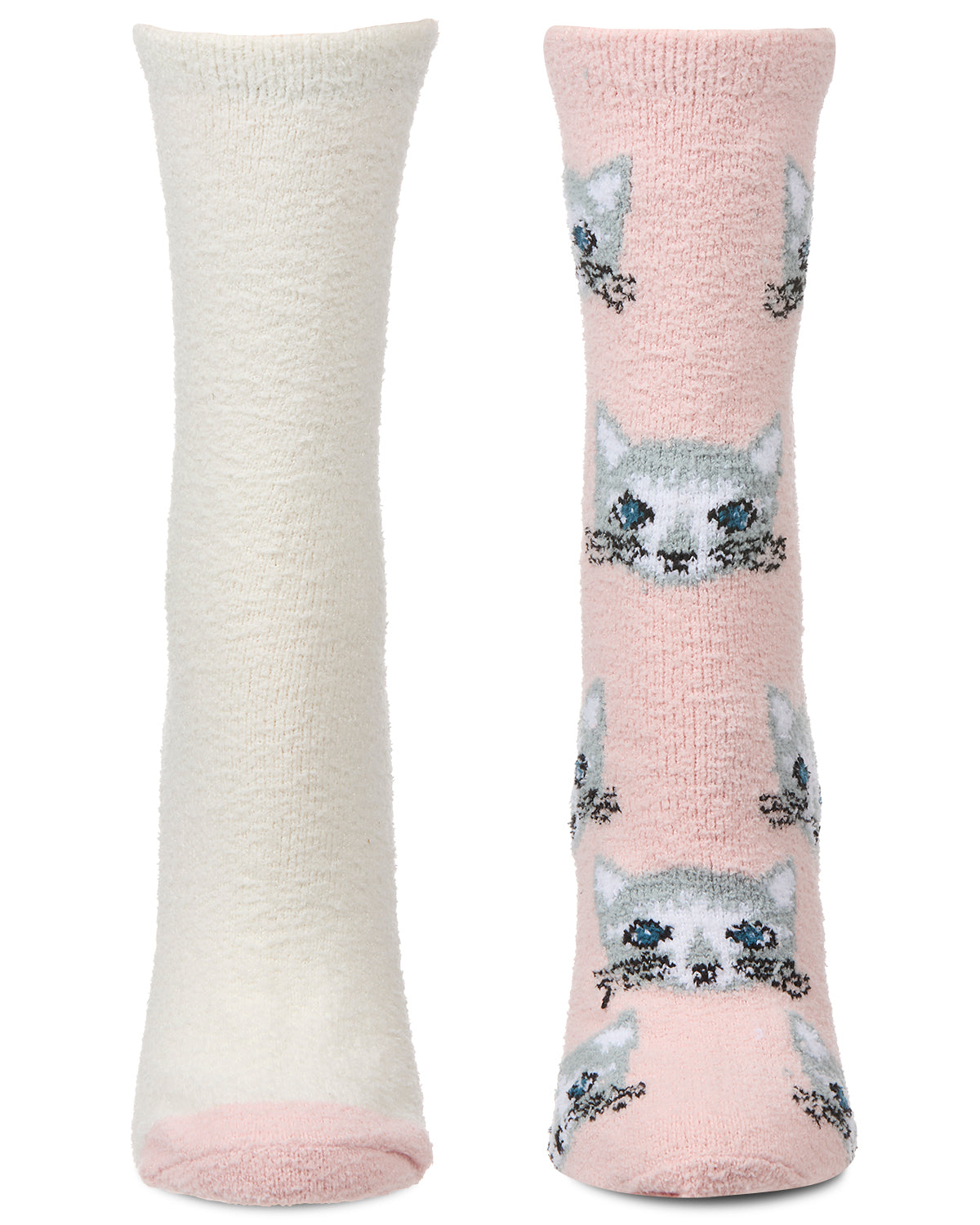 2 Pair Women's "Cats" Conversational Cozy Crew Sock : Color: Powder Pink