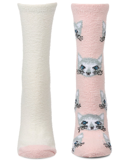 2 Pair Women's "Cats" Conversational Cozy Crew Sock : Color: Powder Pink