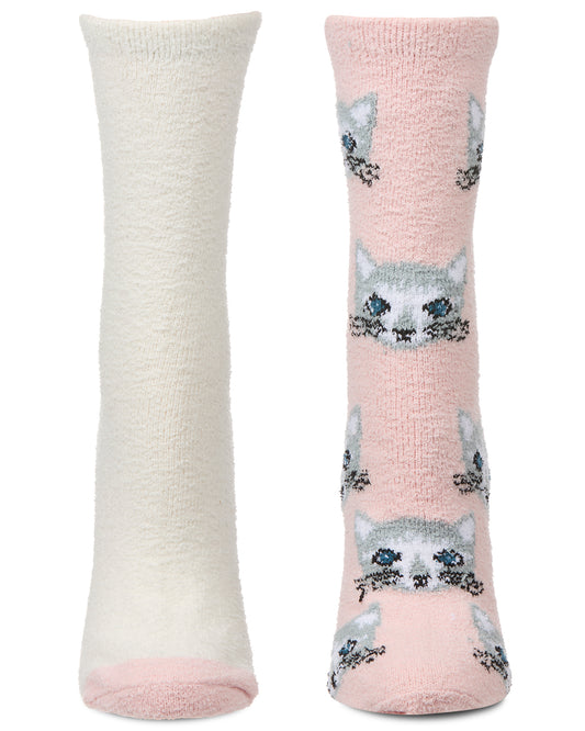 2 Pair Women's "Cats" Conversational Cozy Crew Sock : Color: Powder Pink