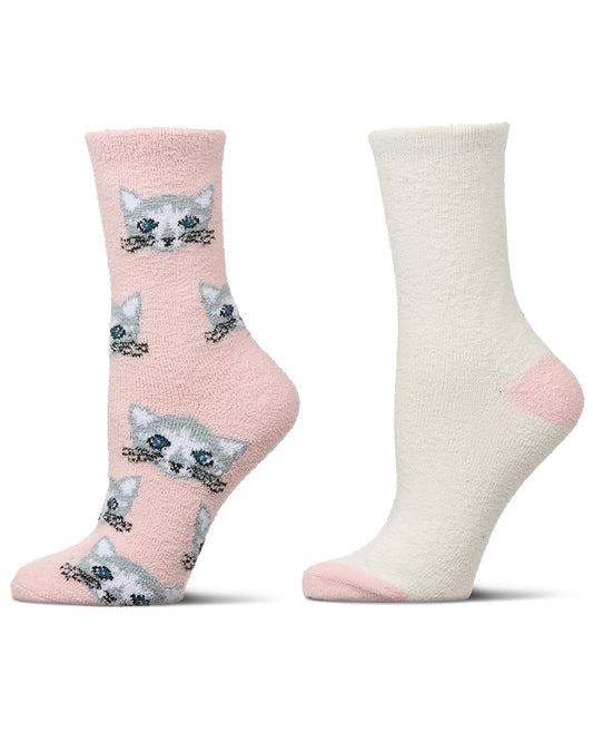 2 Pair Women's "Cats" Conversational Cozy Crew Sock : Color: Powder Pink